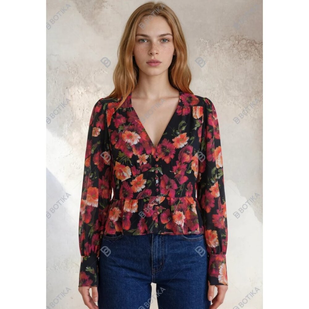 The Kooples Womens 2 pink black Silk Blouse Floral V Neck Peplum Long Sleeve